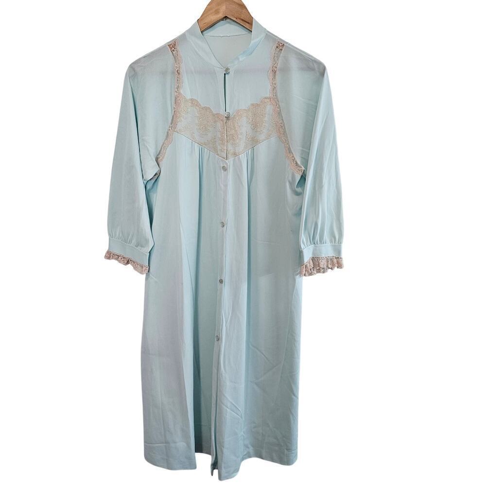 Vintage Lace Robe Womens Size Large 80s Pastel Blue Satin Cottage Romantic Retro